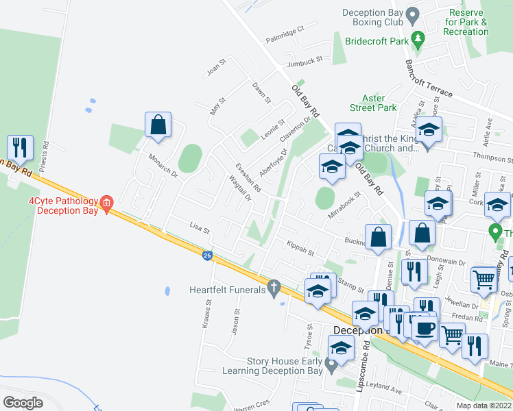 map of restaurants, bars, coffee shops, grocery stores, and more near 32 Wagtail Drive in Deception Bay