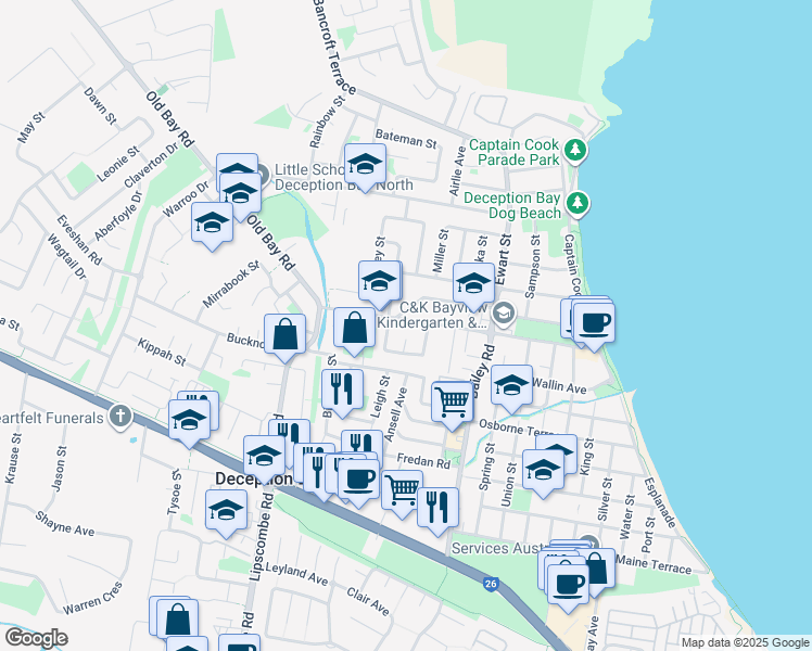 map of restaurants, bars, coffee shops, grocery stores, and more near 56 Bayview Terrace in Deception Bay