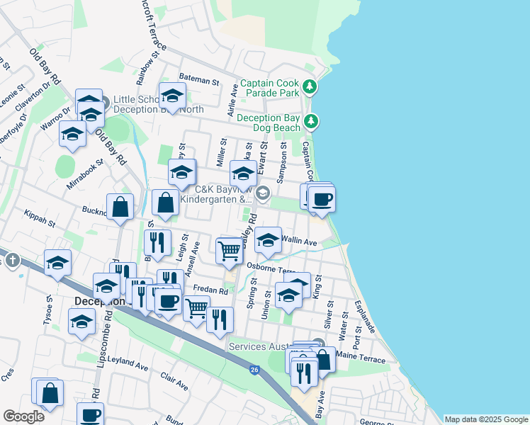map of restaurants, bars, coffee shops, grocery stores, and more near 30 Bayview Terrace in Deception Bay