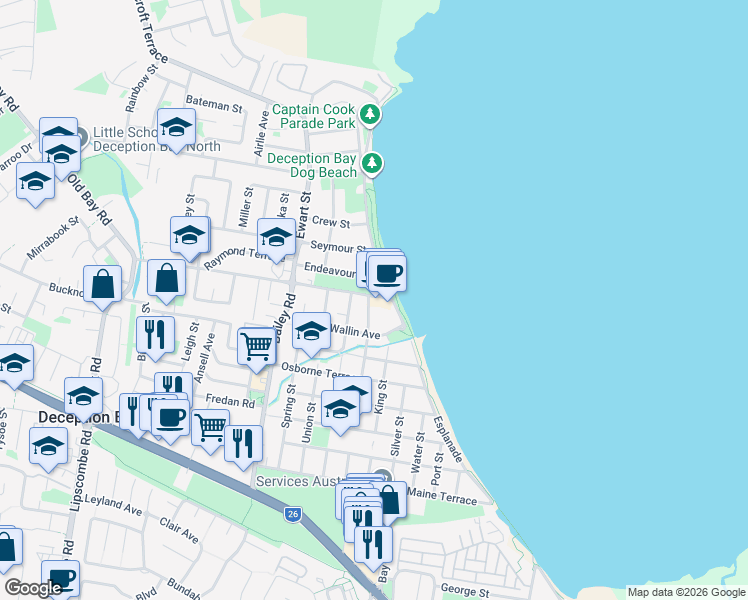 map of restaurants, bars, coffee shops, grocery stores, and more near 8 Bayview Terrace in Deception Bay