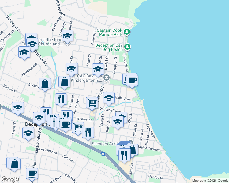 map of restaurants, bars, coffee shops, grocery stores, and more near 8 Upper Union Street in Deception Bay