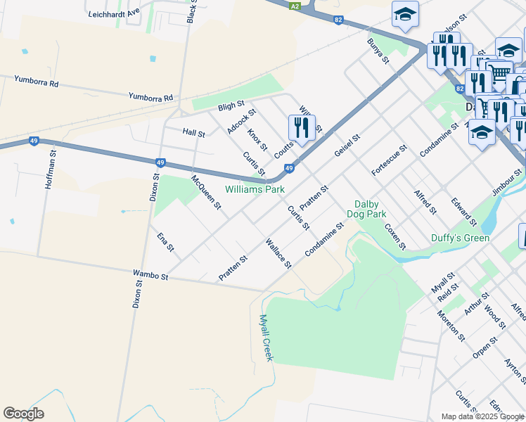 map of restaurants, bars, coffee shops, grocery stores, and more near 54 Geisel Street in Dalby