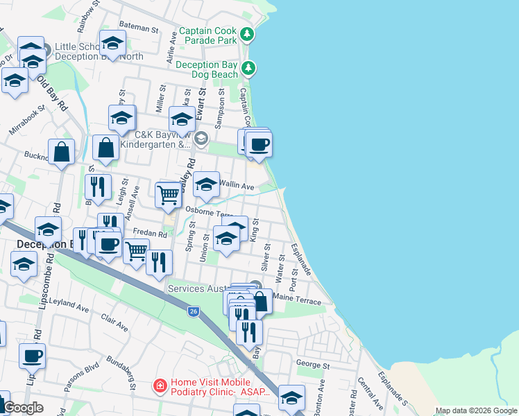 map of restaurants, bars, coffee shops, grocery stores, and more near 20 Balmoral Place in Deception Bay
