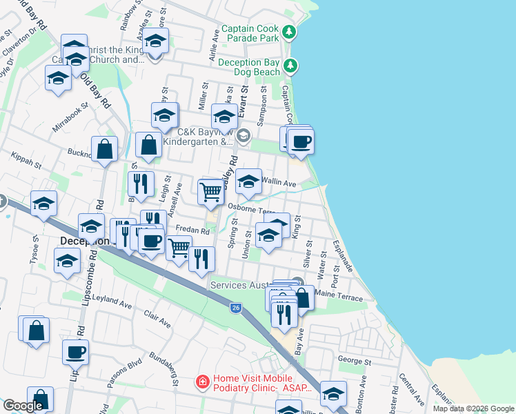 map of restaurants, bars, coffee shops, grocery stores, and more near 67 Osborne Terrace in Deception Bay