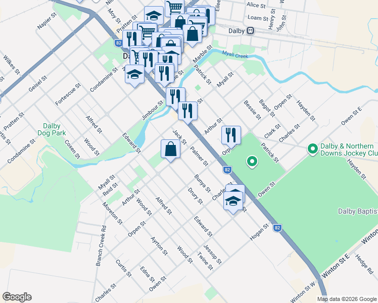 map of restaurants, bars, coffee shops, grocery stores, and more near 31 Arthur Street in Dalby