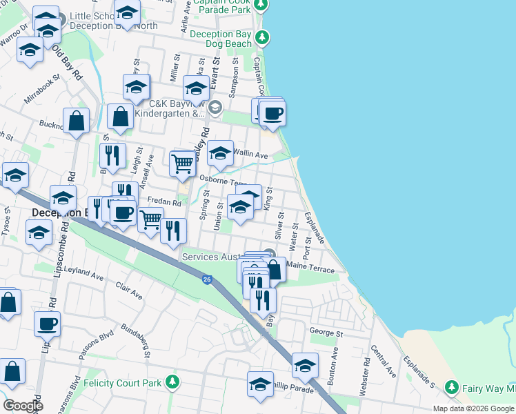 map of restaurants, bars, coffee shops, grocery stores, and more near 42 Windsor Place in Deception Bay