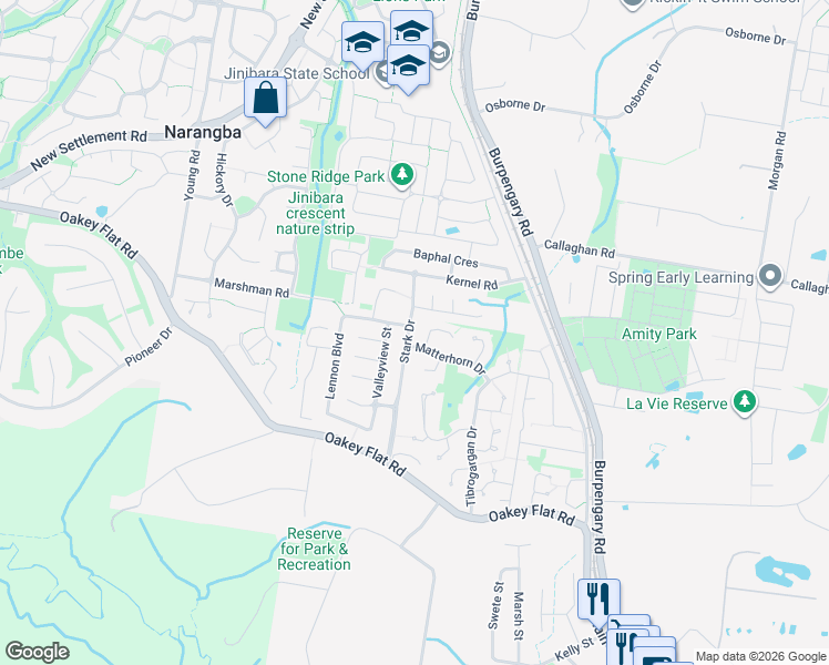 map of restaurants, bars, coffee shops, grocery stores, and more near 58 Stark Drive in Narangba