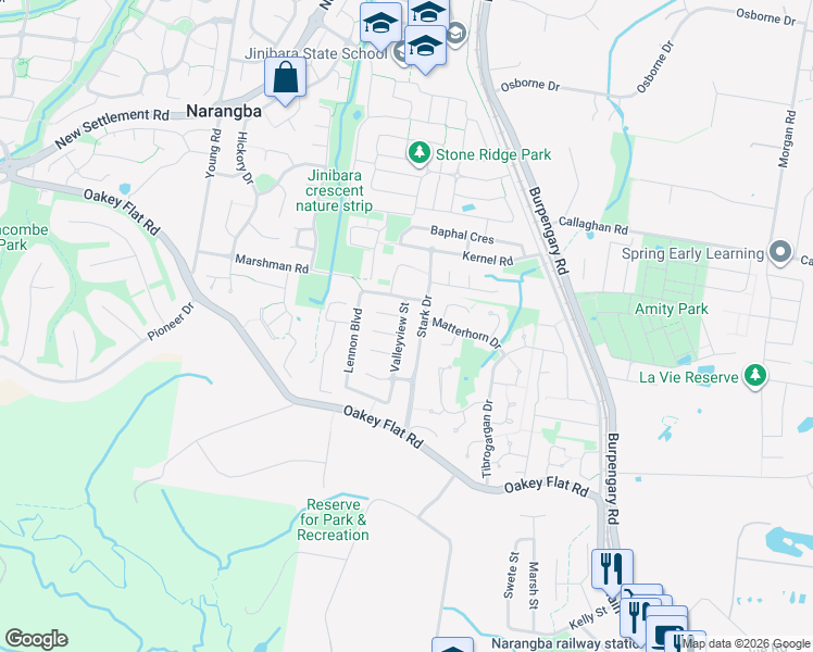 map of restaurants, bars, coffee shops, grocery stores, and more near 20 Valleyview Street in Narangba