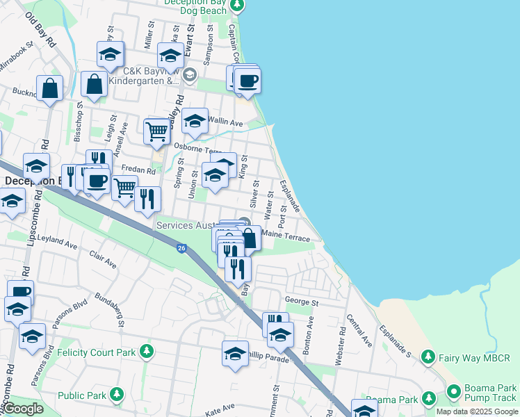 map of restaurants, bars, coffee shops, grocery stores, and more near 45 Beaufort Place in Deception Bay