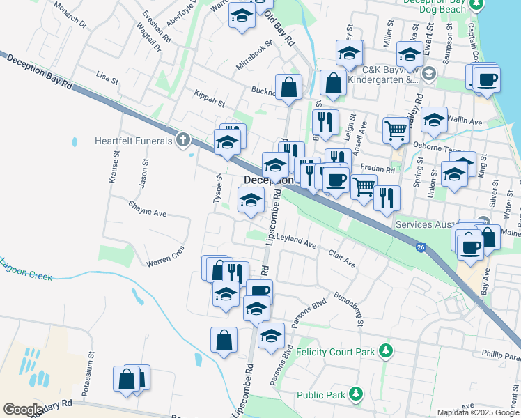 map of restaurants, bars, coffee shops, grocery stores, and more near 14-22 Lipscombe Road in Deception Bay