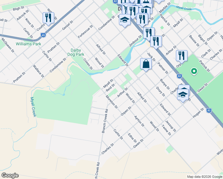 map of restaurants, bars, coffee shops, grocery stores, and more near 9 Reid Street in Dalby