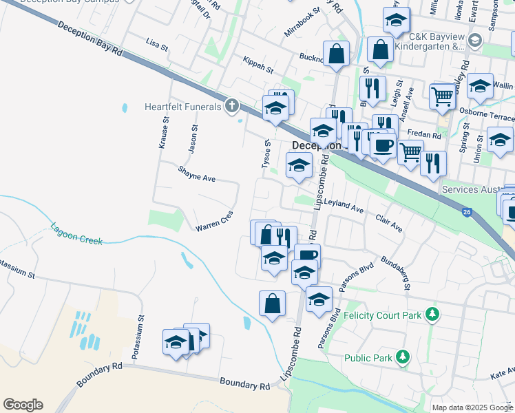 map of restaurants, bars, coffee shops, grocery stores, and more near 3 Nowak Court in Deception Bay