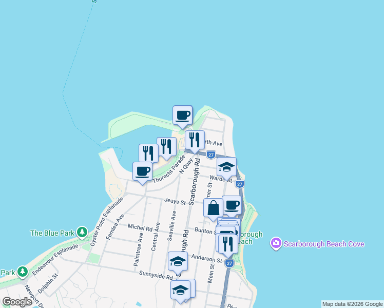 map of restaurants, bars, coffee shops, grocery stores, and more near 69 North Quay in Scarborough