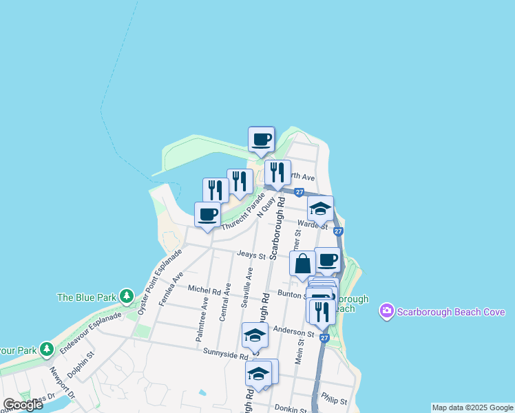 map of restaurants, bars, coffee shops, grocery stores, and more near 55 North Quay in Scarborough