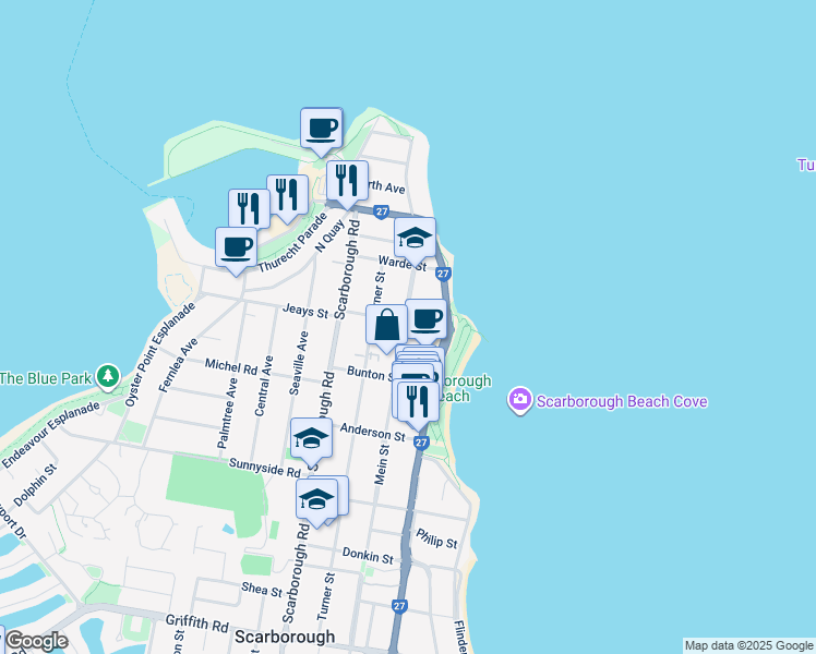 map of restaurants, bars, coffee shops, grocery stores, and more near 5 Rock Street in Scarborough