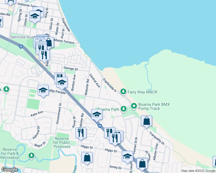 map of restaurants, bars, coffee shops, grocery stores, and more near 175 Esplanade South in Deception Bay