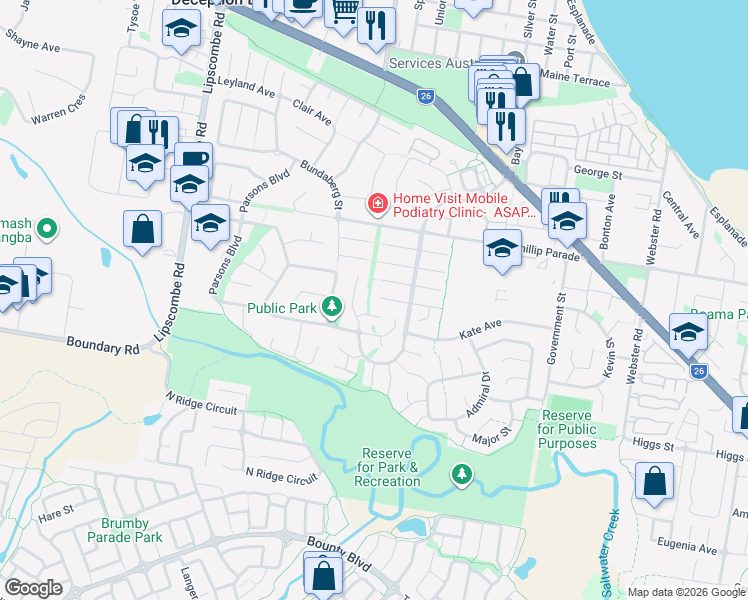 map of restaurants, bars, coffee shops, grocery stores, and more near 15 Gloria Court in Deception Bay