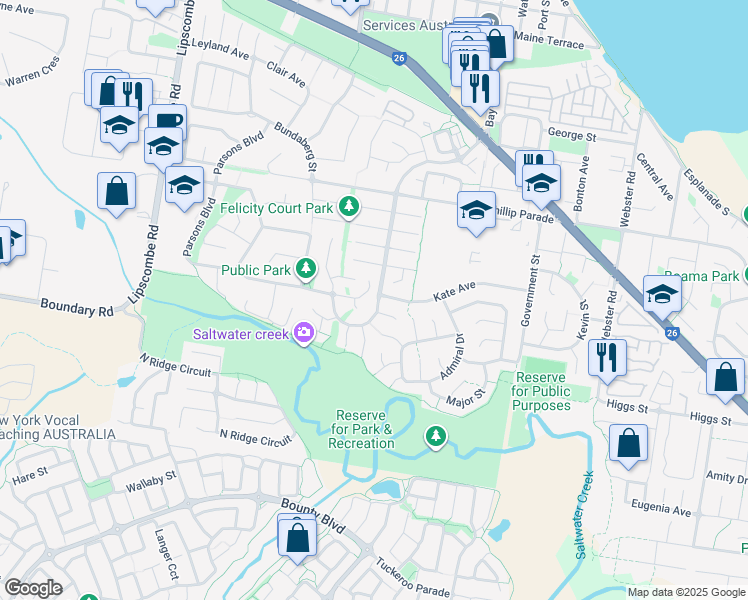 map of restaurants, bars, coffee shops, grocery stores, and more near 84 Moreton Downs Drive in Deception Bay