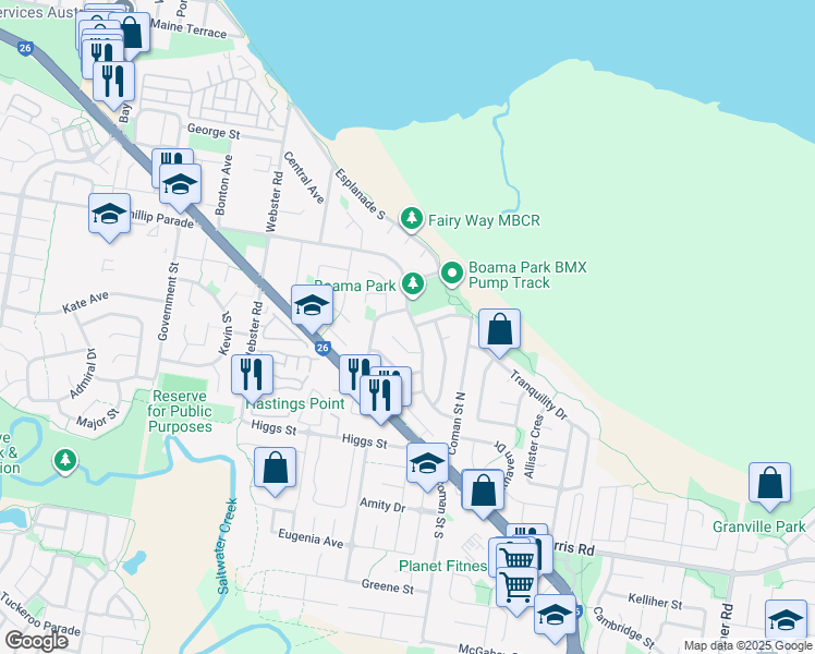map of restaurants, bars, coffee shops, grocery stores, and more near 44 Cross Street in Deception Bay