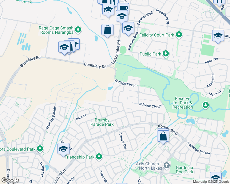 map of restaurants, bars, coffee shops, grocery stores, and more near 18 Pademelon Circuit in North Lakes