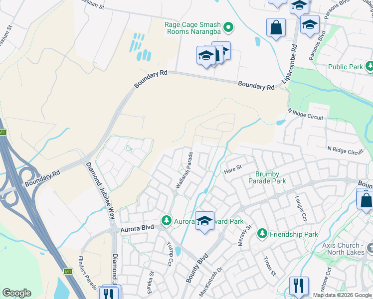 map of restaurants, bars, coffee shops, grocery stores, and more near 32 Wolfe Street in North Lakes