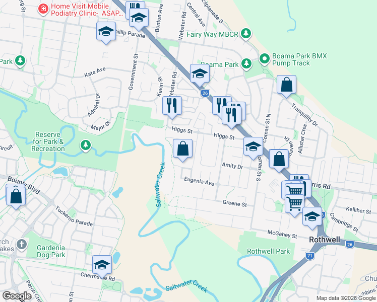 map of restaurants, bars, coffee shops, grocery stores, and more near 11 Lady Bowen Parade in Rothwell