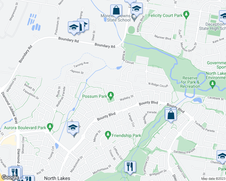 map of restaurants, bars, coffee shops, grocery stores, and more near 7 Glider Street in North Lakes