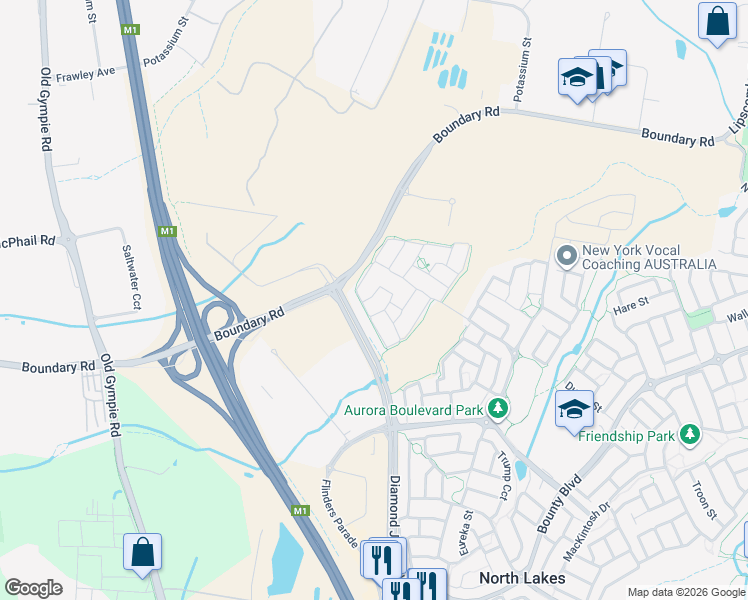 map of restaurants, bars, coffee shops, grocery stores, and more near 51 Palmerston Street in North Lakes