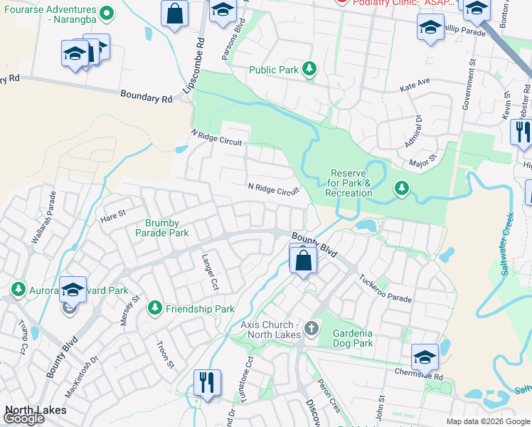 map of restaurants, bars, coffee shops, grocery stores, and more near 15 Echidna Parade in North Lakes