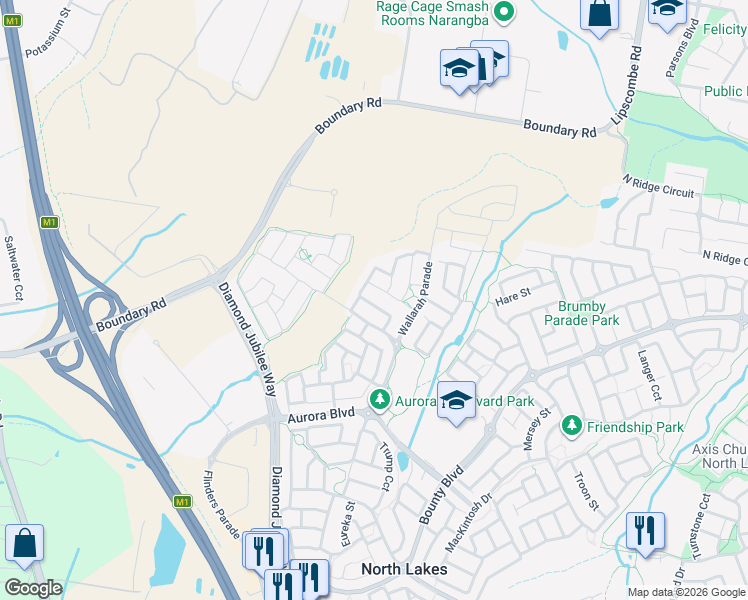 map of restaurants, bars, coffee shops, grocery stores, and more near 30 Nullarbor Circuit in North Lakes