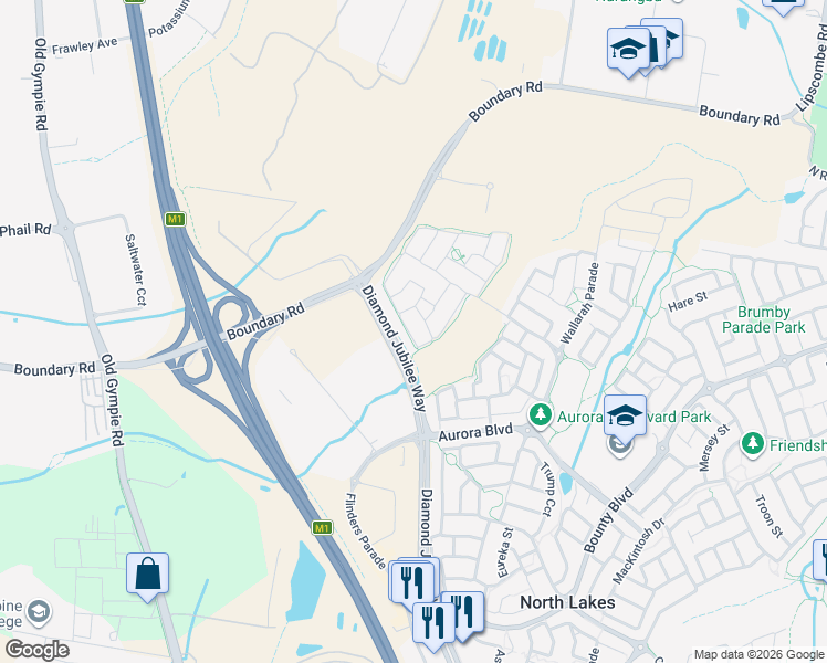 map of restaurants, bars, coffee shops, grocery stores, and more near 50 Mapleton Drive in North Lakes