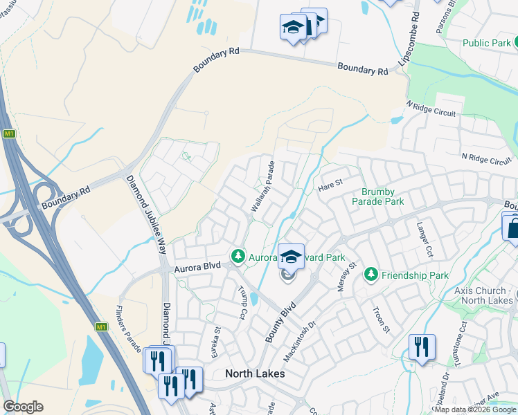 map of restaurants, bars, coffee shops, grocery stores, and more near 10 Wallarah Parade in North Lakes