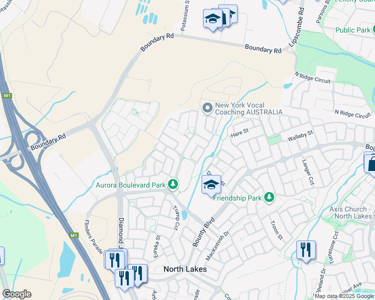 map of restaurants, bars, coffee shops, grocery stores, and more near 8 Wallarah Parade in North Lakes
