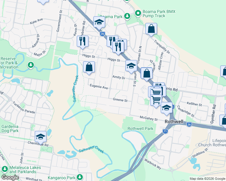 map of restaurants, bars, coffee shops, grocery stores, and more near 41 Leichhardt Avenue in Rothwell
