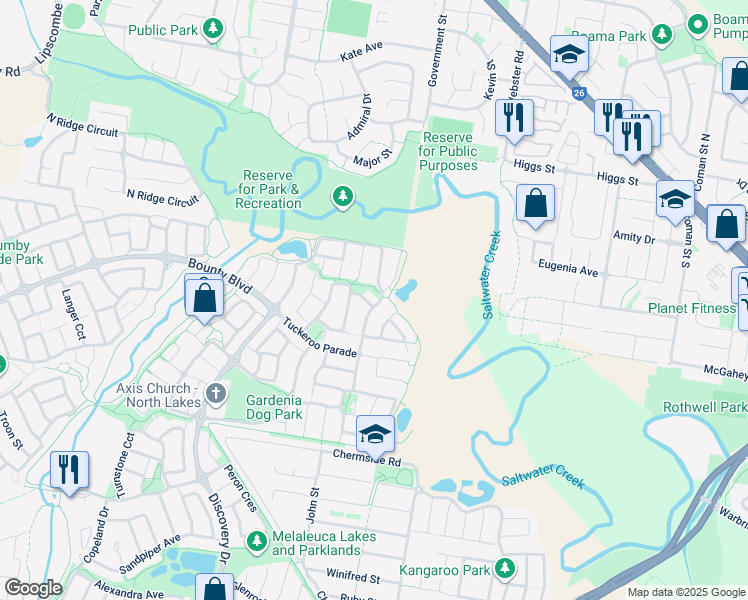 map of restaurants, bars, coffee shops, grocery stores, and more near 11 Tamarind Street in North Lakes