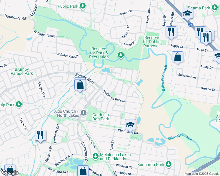 map of restaurants, bars, coffee shops, grocery stores, and more near 8 Midyim Street in North Lakes
