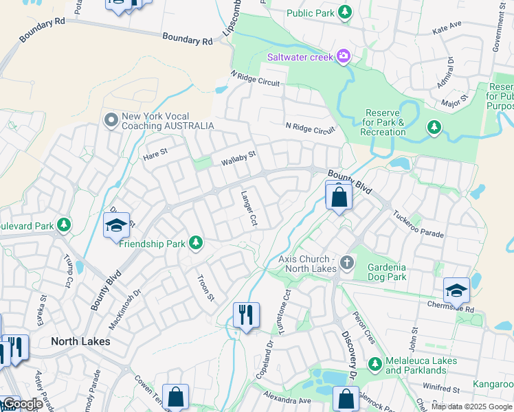 map of restaurants, bars, coffee shops, grocery stores, and more near 5 Hogan Close in North Lakes