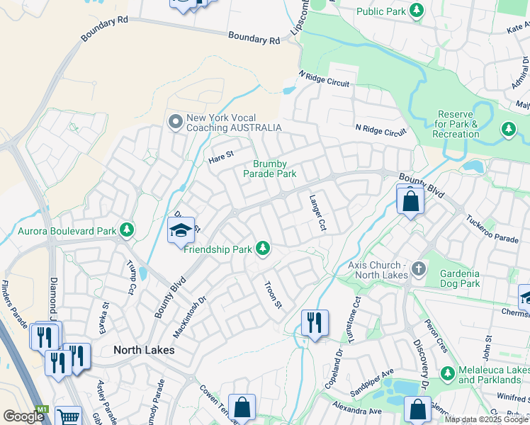 map of restaurants, bars, coffee shops, grocery stores, and more near 22 Couples Street in North Lakes
