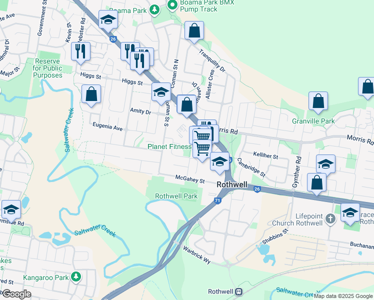 map of restaurants, bars, coffee shops, grocery stores, and more near 18 Hubner Drive in Rothwell