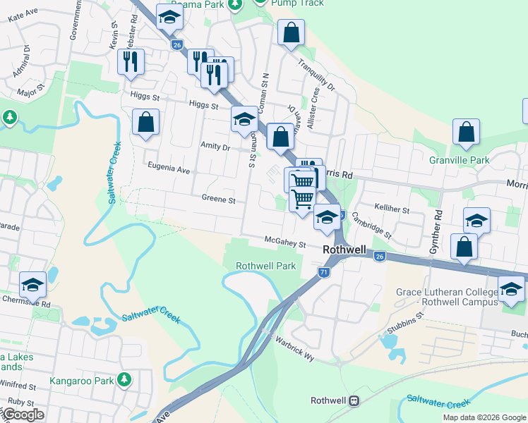 map of restaurants, bars, coffee shops, grocery stores, and more near 29 Hubner Drive in Rothwell
