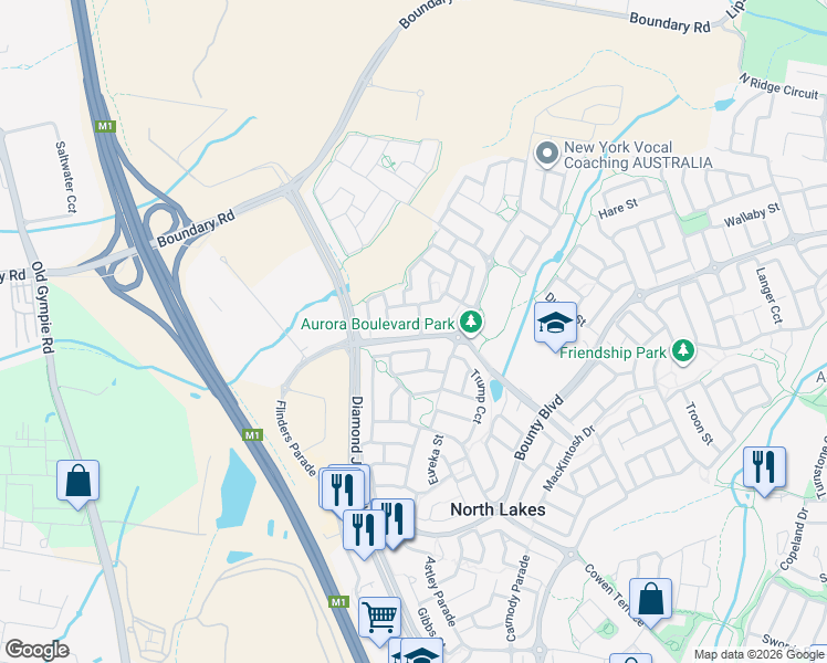 map of restaurants, bars, coffee shops, grocery stores, and more near 38 Livingstone Court in North Lakes
