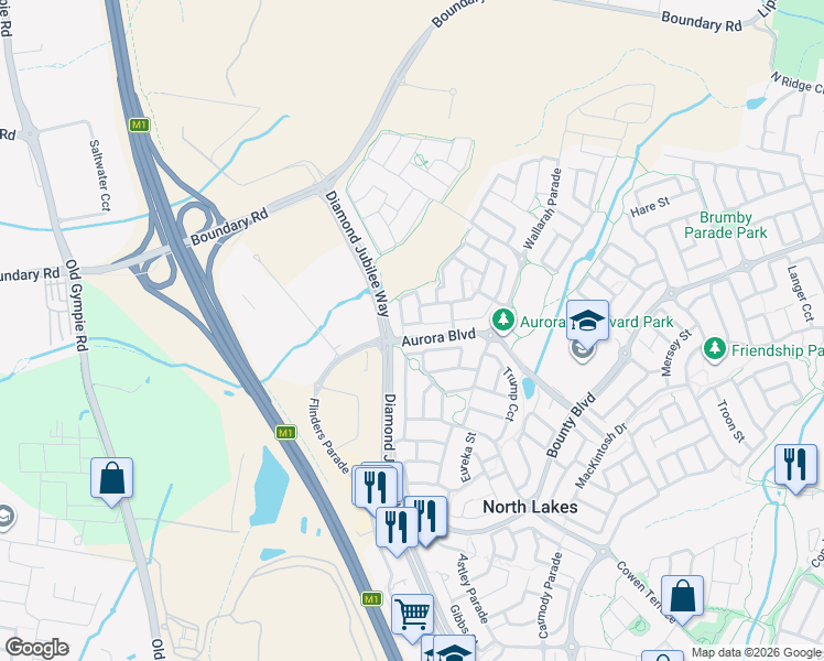 map of restaurants, bars, coffee shops, grocery stores, and more near 40 Wallis Circuit in North Lakes