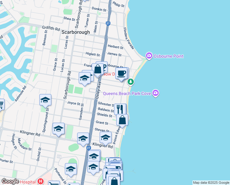 map of restaurants, bars, coffee shops, grocery stores, and more near 10 Josephine Street in Redcliffe