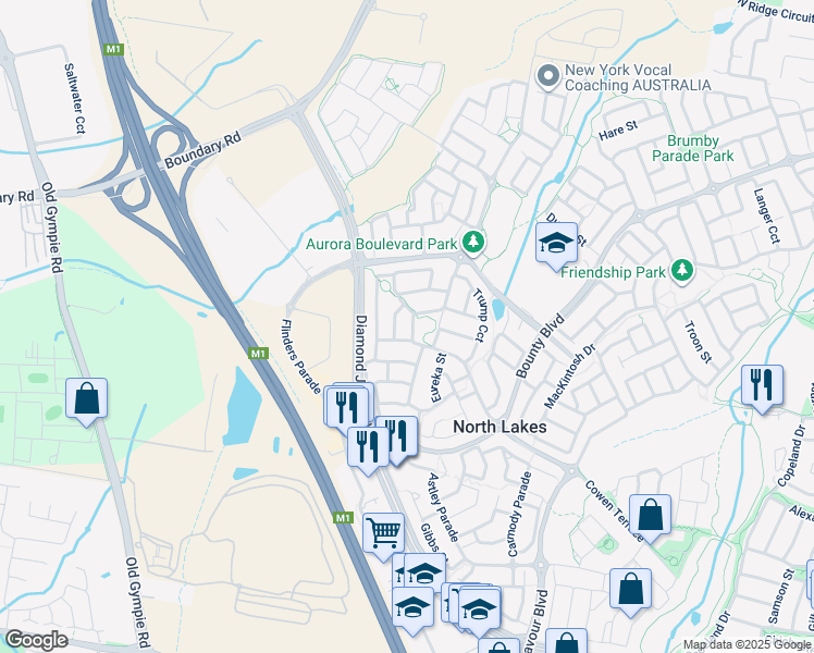 map of restaurants, bars, coffee shops, grocery stores, and more near 55 Sears Parade in North Lakes