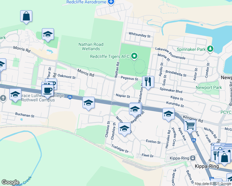 map of restaurants, bars, coffee shops, grocery stores, and more near 54 Napier Street in Kippa-Ring