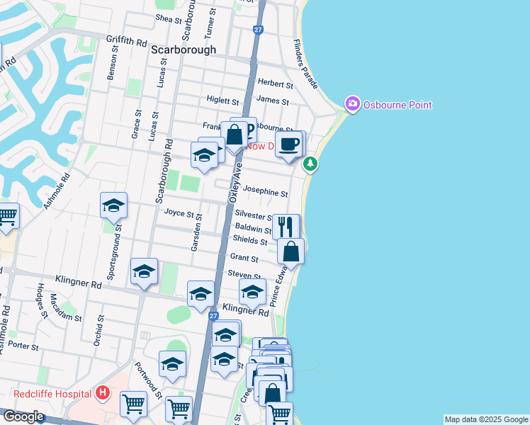 map of restaurants, bars, coffee shops, grocery stores, and more near 12 Silvester Street in Redcliffe