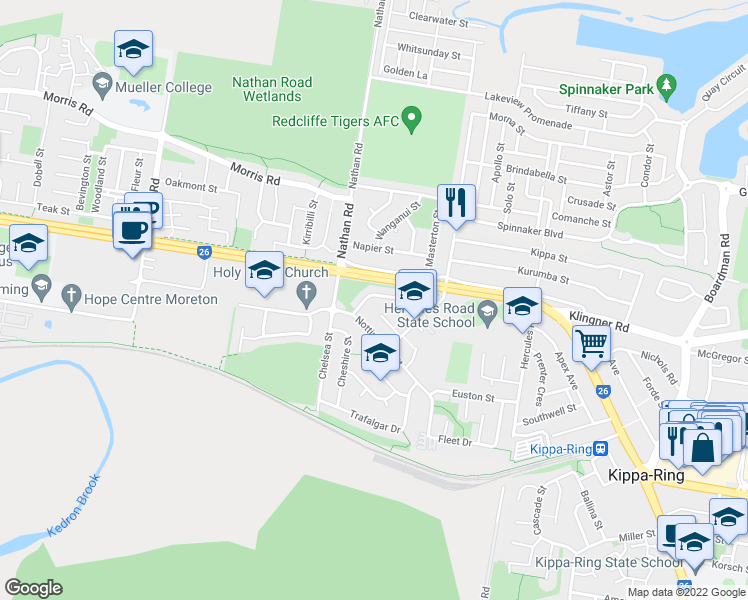 map of restaurants, bars, coffee shops, grocery stores, and more near 19 Westminster Street in Kippa-Ring
