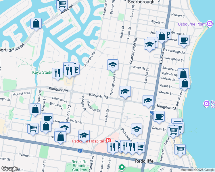 map of restaurants, bars, coffee shops, grocery stores, and more near 30 Gertrude Street in Redcliffe