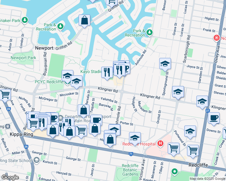 map of restaurants, bars, coffee shops, grocery stores, and more near Klingner Road in Redcliffe