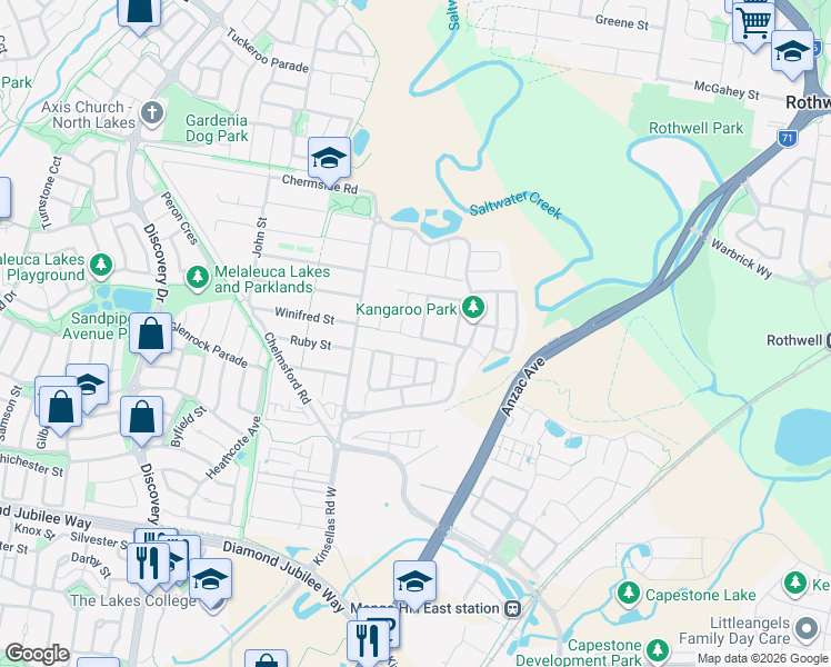 map of restaurants, bars, coffee shops, grocery stores, and more near 27 Watervale Street in Mango Hill